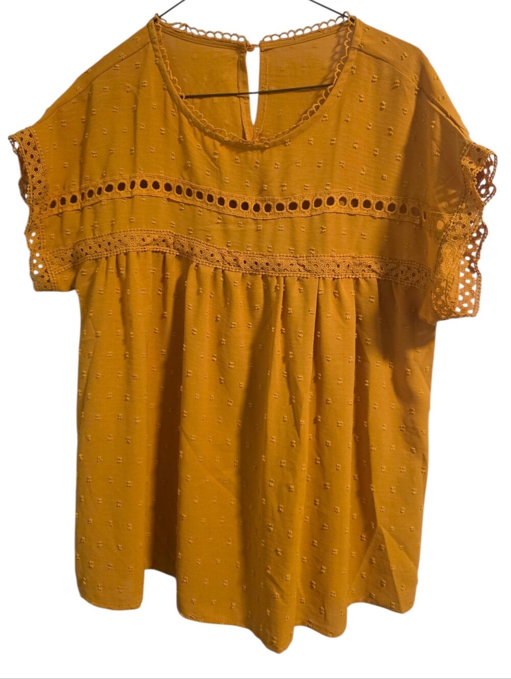 Emery Rose Mustard Yellow Swiss Dot & Lace Shortsleeve Boho Blouse Size M EUC